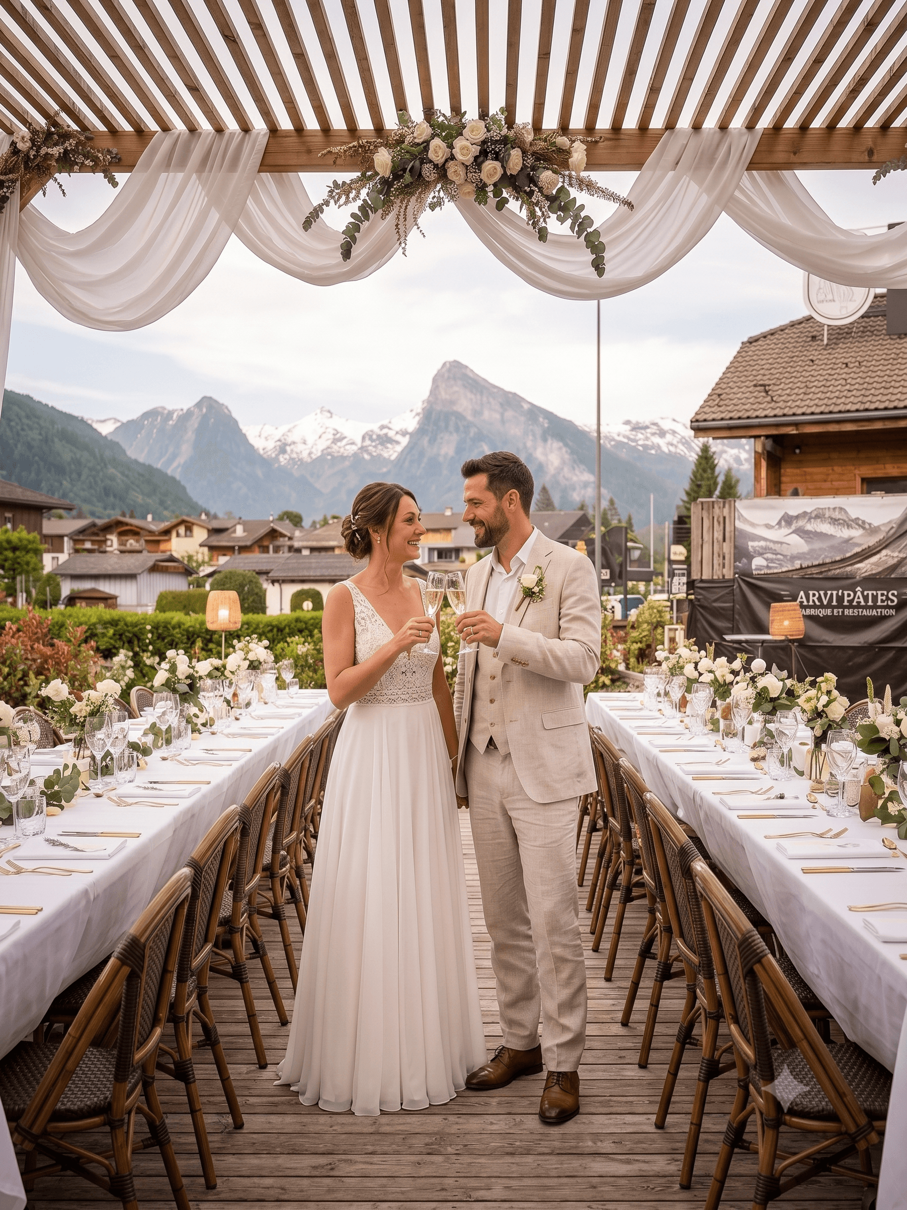 Mariage en extérieur face aux montagnes, restaurant Arvi'Pâtes près de Samoëns, vallée du Giffre