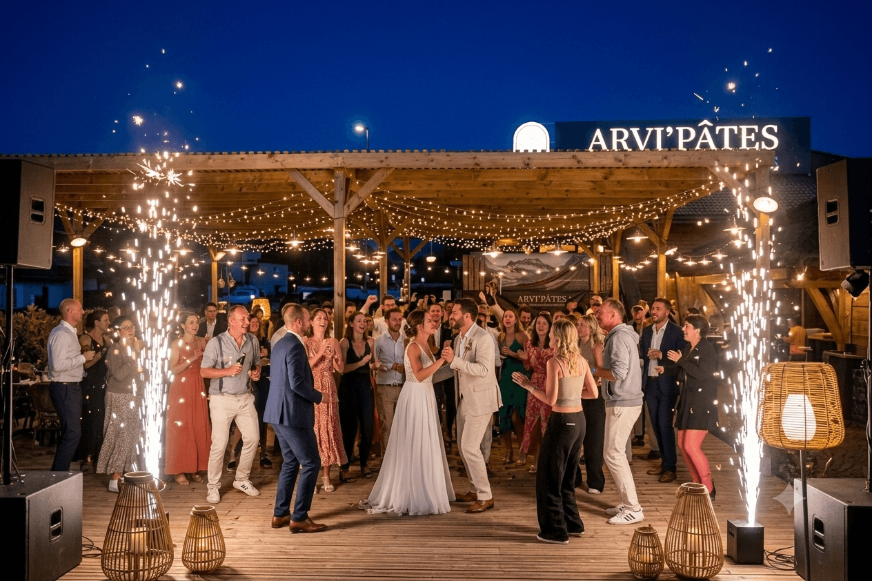 Soirée de mariage avec animation lumineuse, restaurant Arvi'Pâtes près de Samoëns